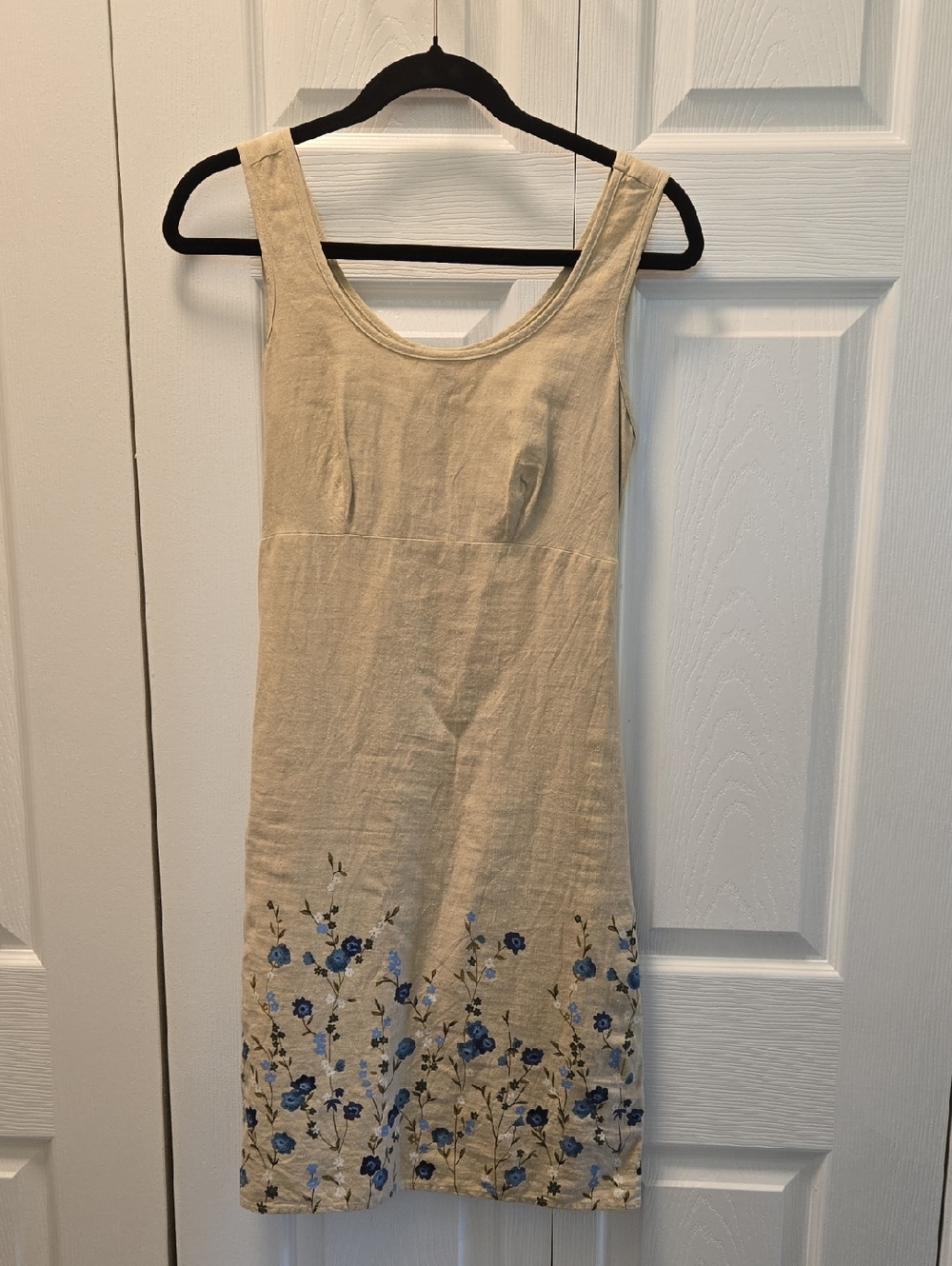 Sleeveless Cream Linen Blend Dress with Blue Floral Hem